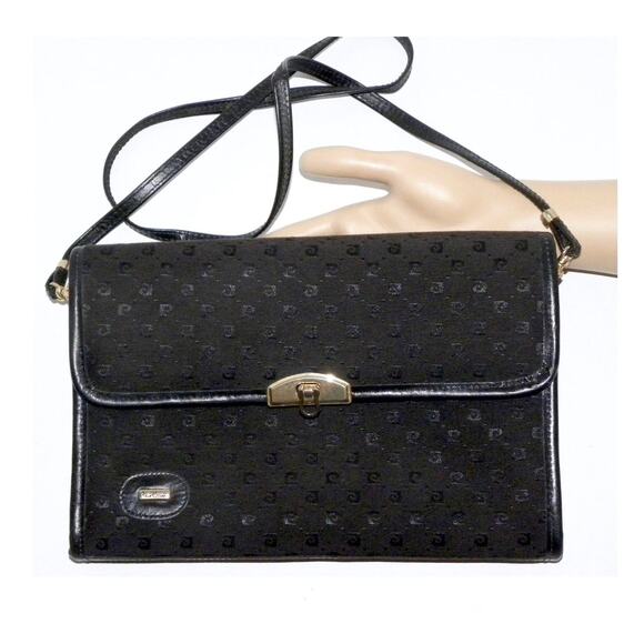 70s Black Pierre Cardin Jacquard & Leather Monogram CLUTCH Shoulder Bag - Picture 1 of 9